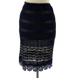 Christian Lacroix Vintage Navy Black Stripe Knit Pencil Skirt Lace Sequin Trim S